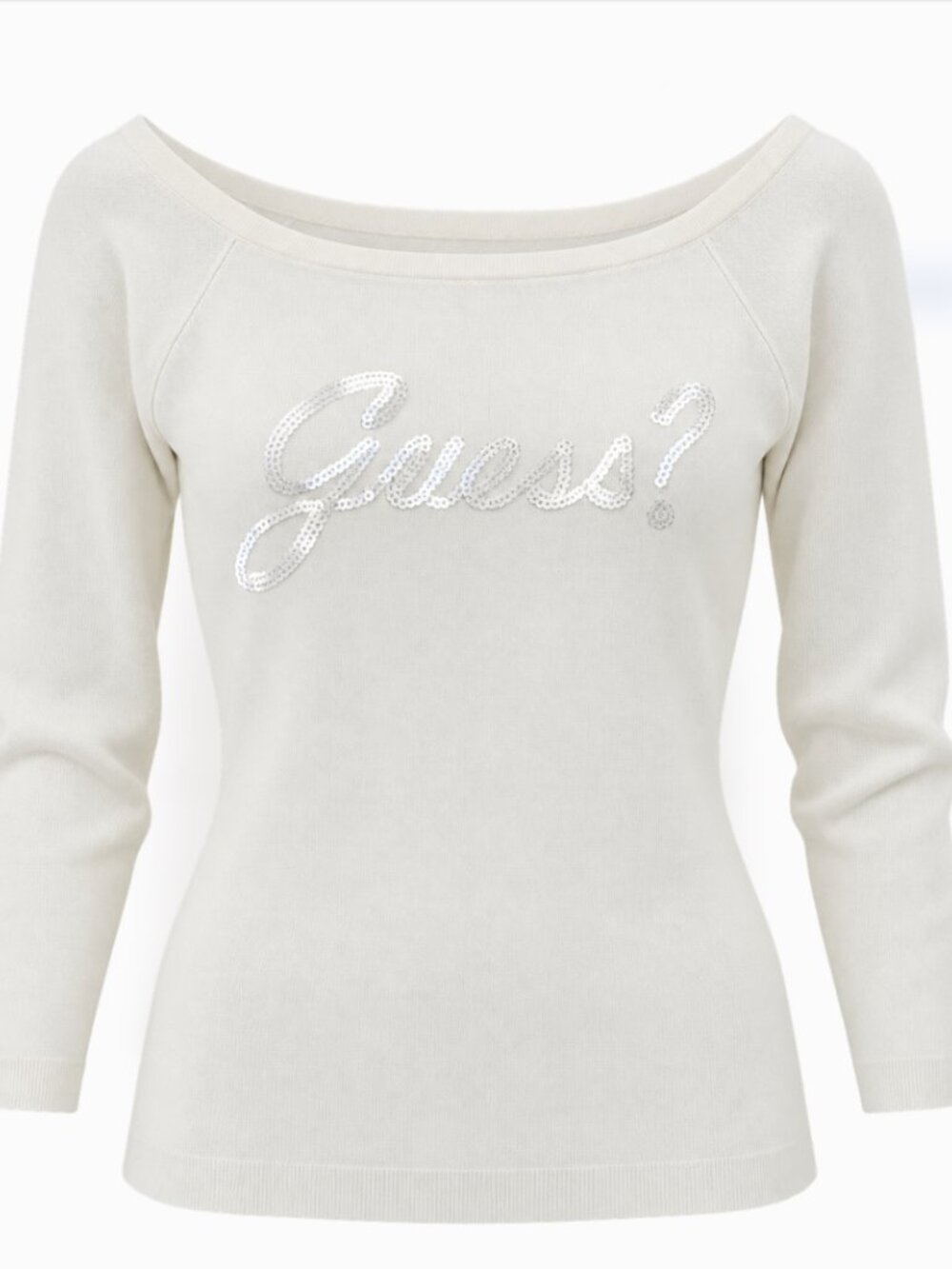 Guess size XL 3/4 sleeve boat neck sequin logo sweater in cream EUC Y2K retro